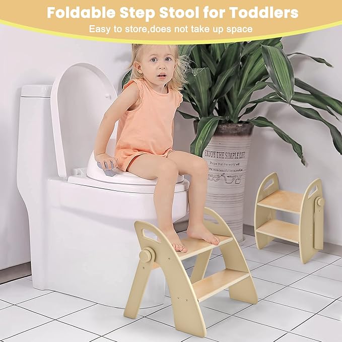 Wooden Step Stool, 300 lb. Load Capacity, with Safety Non-Slip Pads and Handles, Bamboo Step Stool for Bathroom and Kitchen, Gift for Christmas (Log Color)