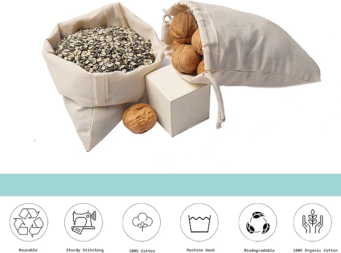 Cotton Muslin Bags, 100% Organic Cotton with Double Drawstring. Premium Quality Reusable Eco-Friendly Natural Muslin Bags. (50, 6x10 Inches)