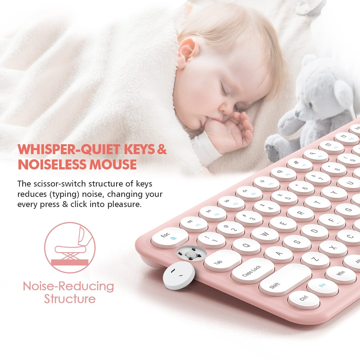 Wireless Keyboard And Mouse Combo, Xtremtec Cute Compact -Size Pink Retro Round Keycap, Ultra Thin Quiet 2.4Ghz Retro Kawaii Key