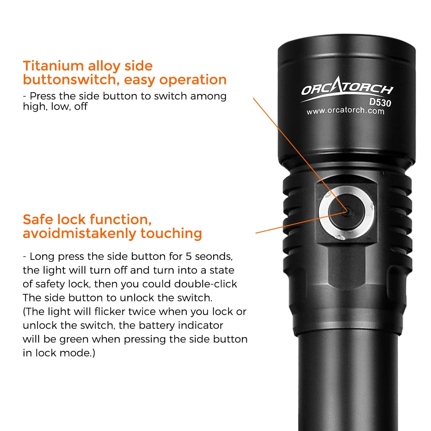 Orcatorch D530 Scuba Dive Light  1200 Lumens  7 Degrees Narrow Beam Angle  Titanium Alloy Side Button Switch  2 Lighting Modes  With Battery Indicator For Deep Sea Cave (5500K Warm White Light