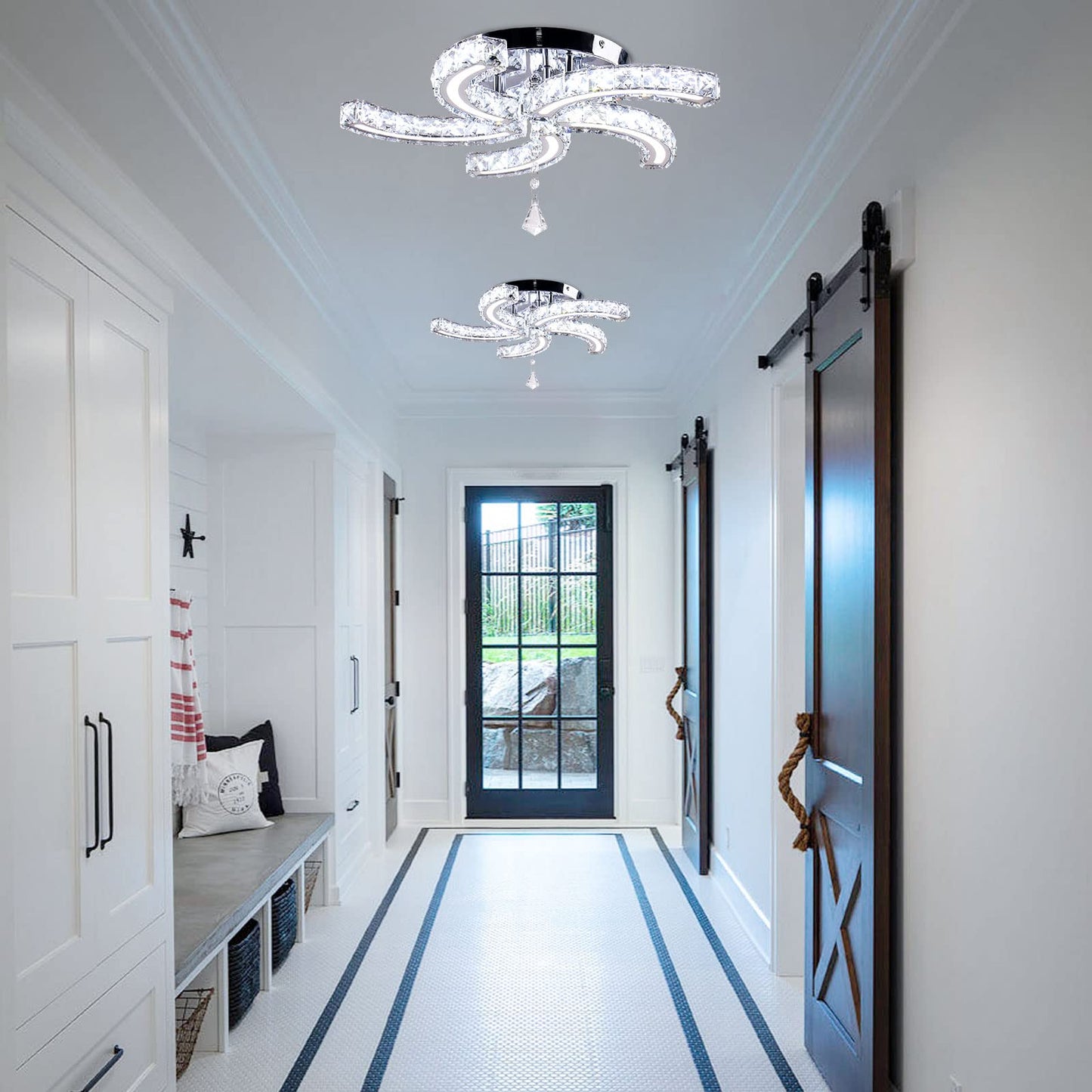 FRIXCHUR Modern Crystal Chandelier 5 Arms LED Light Fixture Flush Mount Dimmable with Remote, Acrylic, US-MC082-YKL