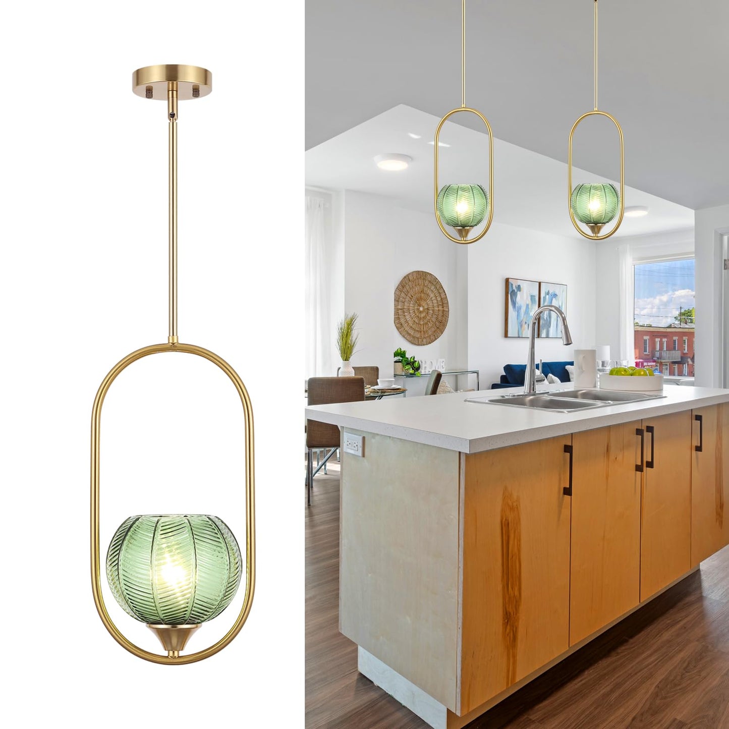 Byoliima Modern Gold Globe Pendant Light With Green Globe Glass Lampshade Mid Century Chandelier 1-Light Brushed Brass Frame Ceiling Hanging Lighting Fixture For Kitchen Island Dining Room Bedroom