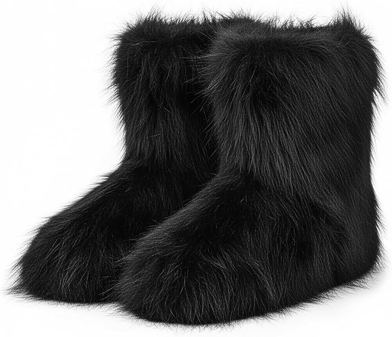 QLR Faux Fur Boots for Women Furry Fuzzy Fluffy Boots Round Toe Mid-Calf Winter Snow Boots Comfortable Outdoor Flat Shoes