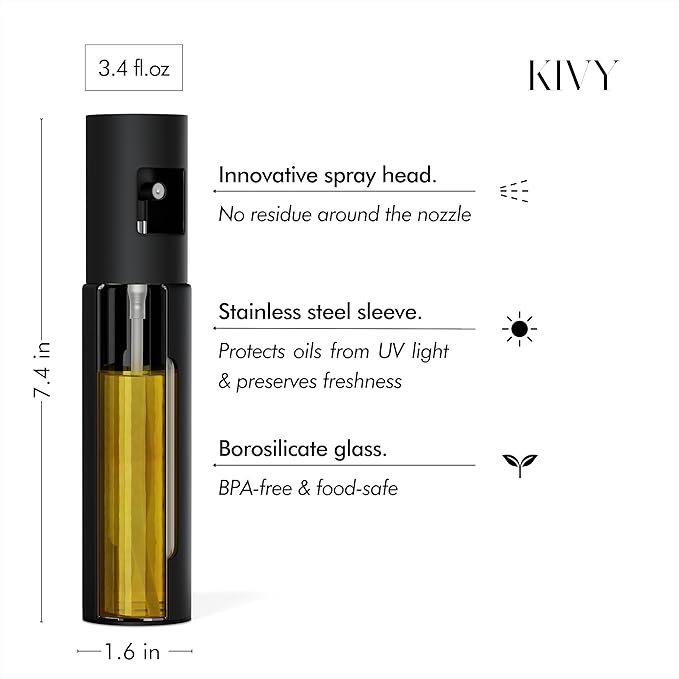 KIVY Glass Oil Sprayer Set of 2 for Cooking, Salads, BBQs & Airfryer – Innovative Spray with Portion Control - Oil Spray Bottle with Stainless Steel Body - Olive Oil Sprayer - Cooking Oil Mister