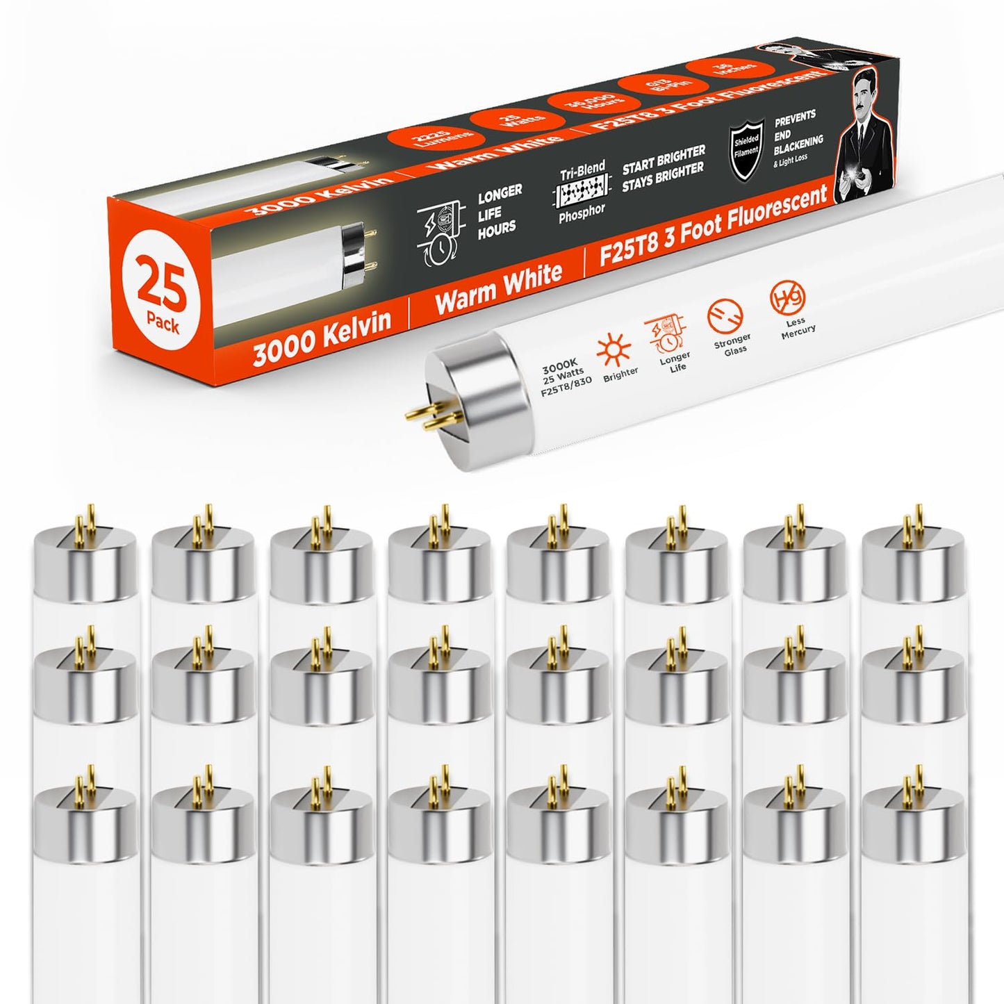 Goodbulb 25W T8 Fluorescent Light Bulb - 3000K Warm White, 2225 Lumens, 25 Count Pack