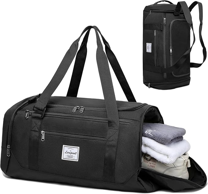 Laripwit Gym Bags for Men, 40L Medium Sports Travel Duffel Bag with Shoe Compartment & Wet Pocket Lightweight Gym Duffle Bag Backpack Multipurpose Weekender Overnight Backpack for Women, Black