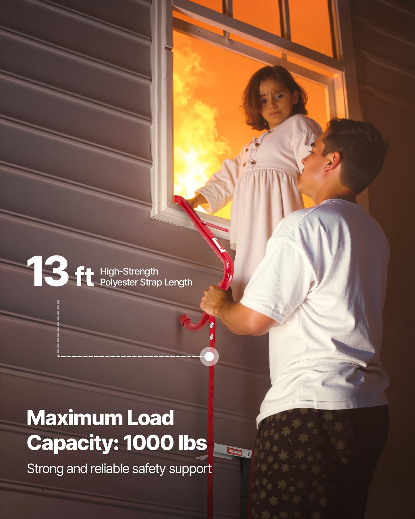 VEVOR Fire Escape Ladder, 2-Story 13FT Retractable Emergency Fire Ladder, Lightweight Aluminum Alloy Safety Escape Ladders with Sturdy Polyester Strap, Anti-Slip Rung & Wide Steps, 1000LBS Max Loading