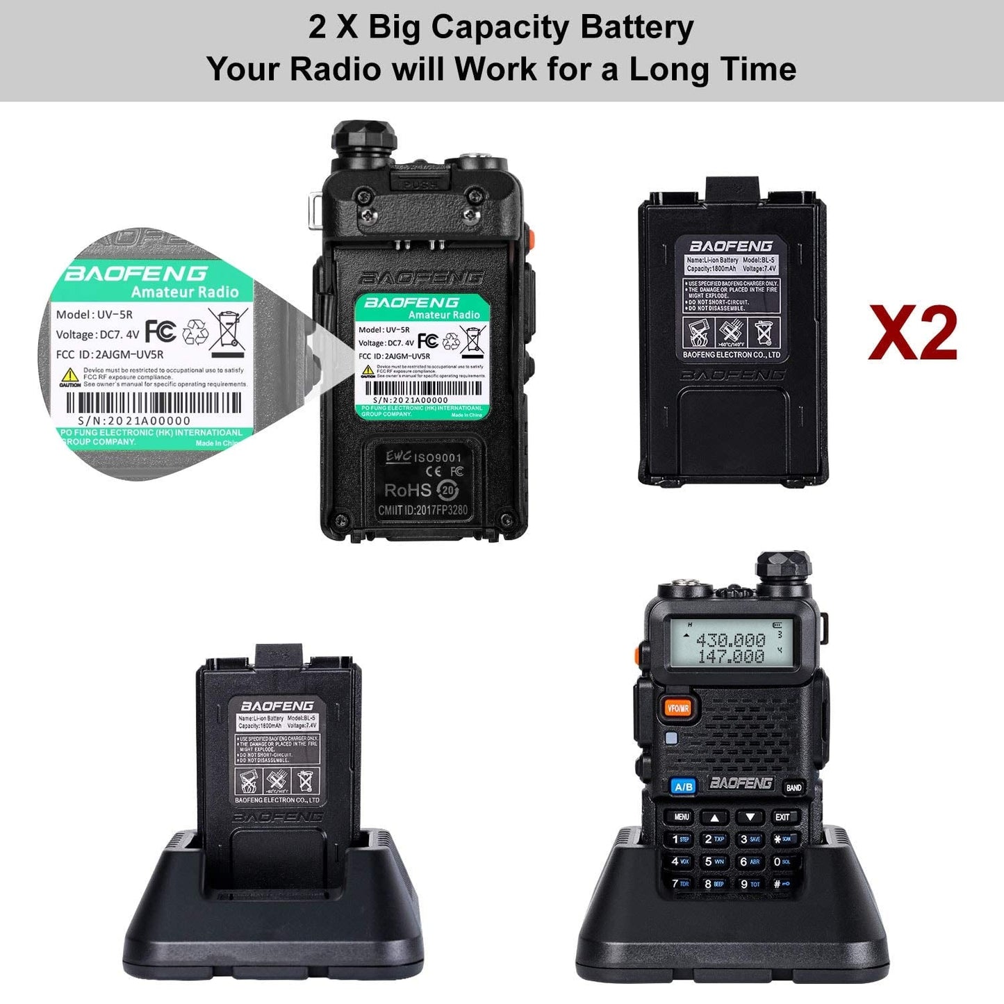 BaoFeng UV-5R 8 Watt Ham Radio BaoFeng Radio with Extra 1800mAh Battery and 771 Antenna Dual Band Ham Radio Handheld Includes Full Kit Walkie Talkie