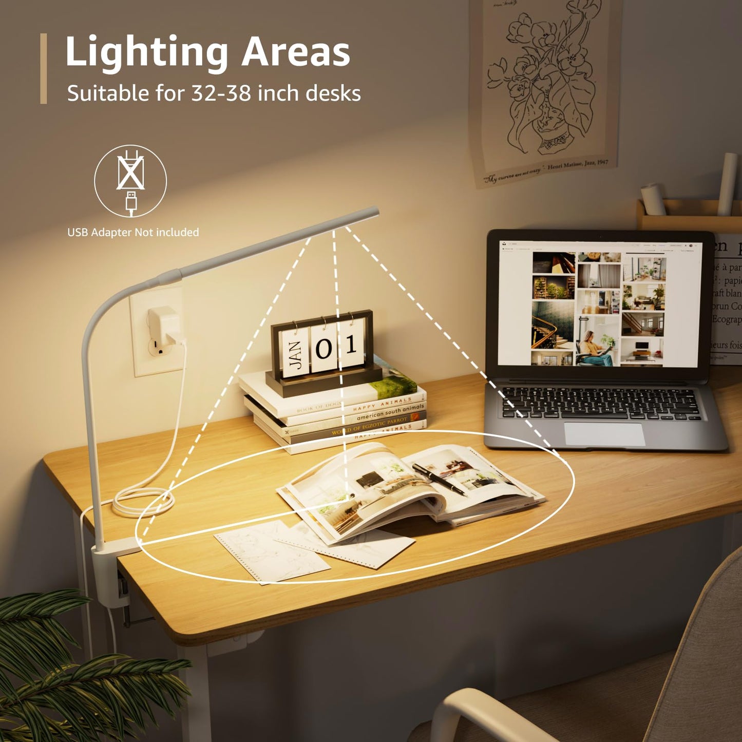 Lepro Clip on Desk Lamp LED, Dimmable with 3 Color Modes, 10 Brightness Levels, Adjustable Gooseneck, White, Model PR310005-DWW
