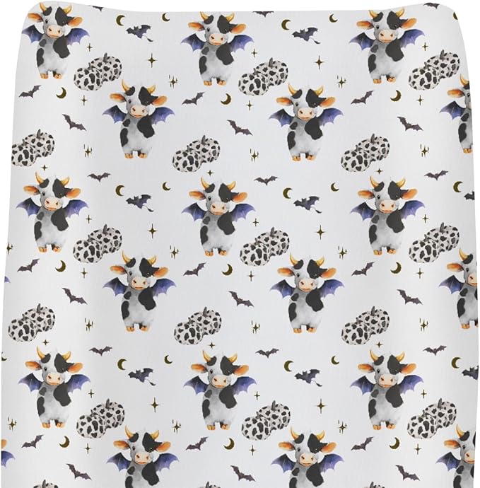 Halloween Cow Bats Pumpkins Baby Changing Pad Covers for Boy Girl Cute Cows Moon Stars Fitted Change Table Pad Covers Mats Spooky Farm Animal Soft Diaper Change Table Cover Sheets 32''×16''