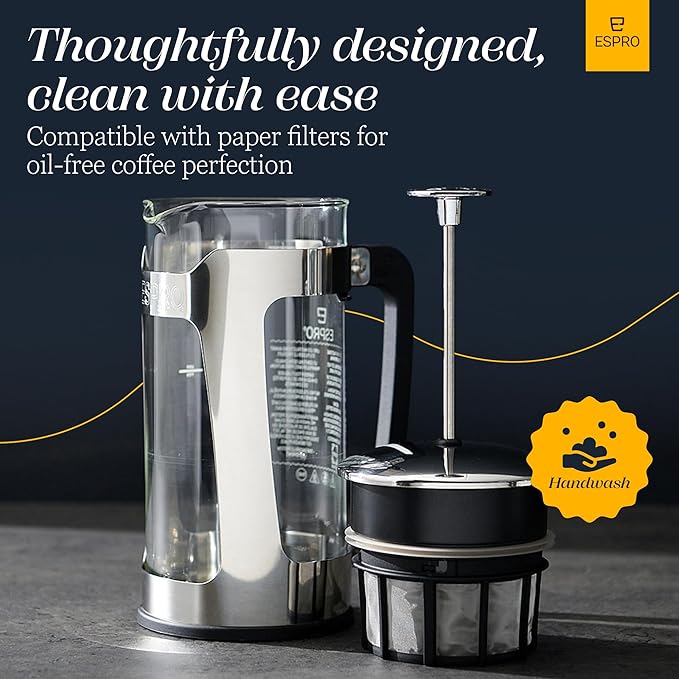 ESPRO P5 French Press Coffee Maker – Patented Double Micro-Filter for Grit Free Brew, Heat-Resistant Thicker Borosilicate Glass Coffee Press – 32 oz