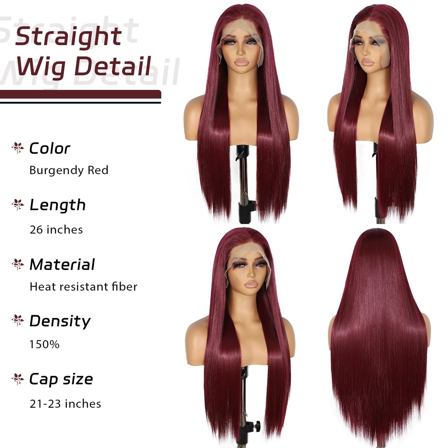 SAPPHIREWIGS 13x6 Burgundy Red Lace Front Wigs Pre-Plucked 99J Long Straight Glueless Synthetic Lace Front Wigs Ready to Wear fo