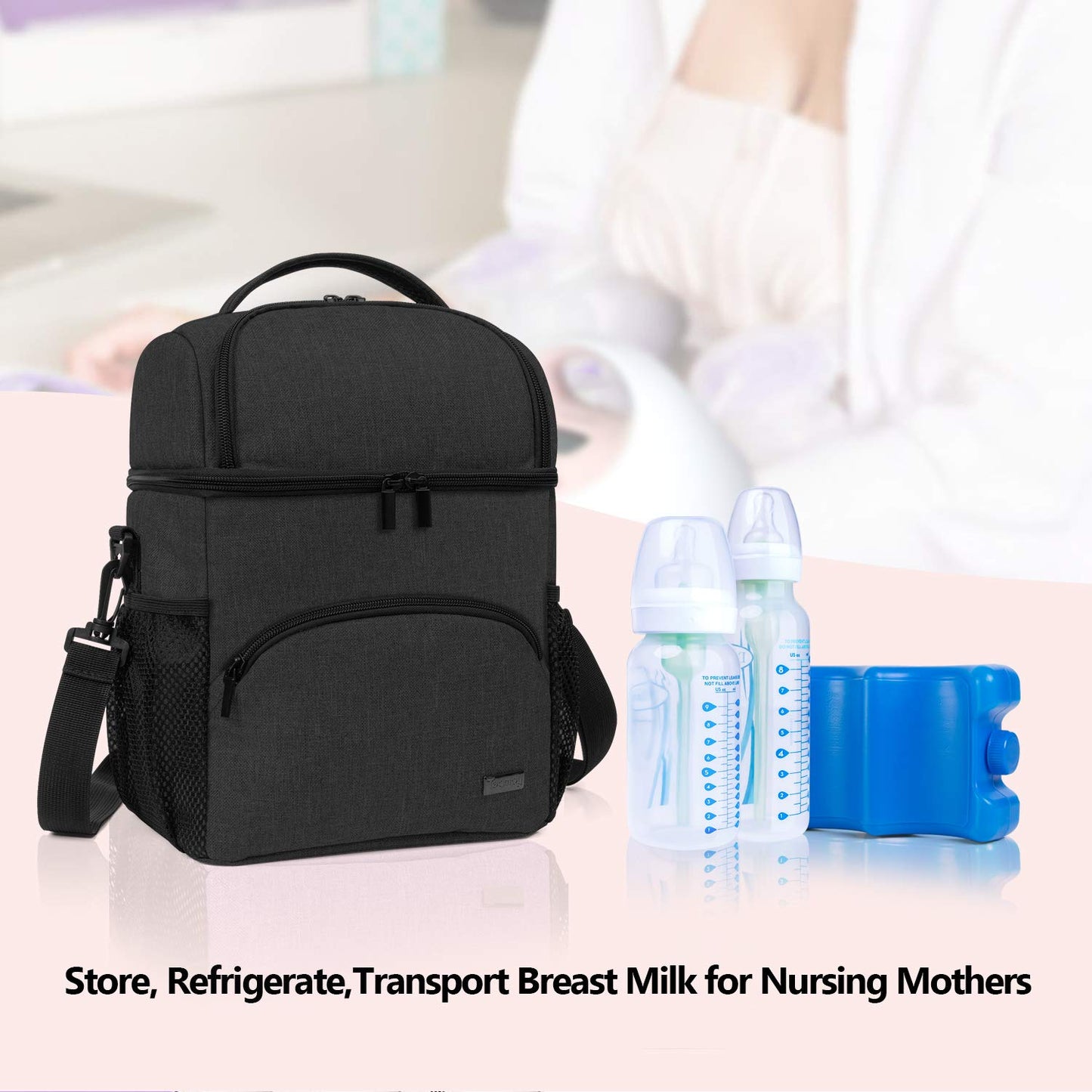 Teamoy Breastmilk Cooler Bag with Ice Pack, Double Layer Travel Bottle Cooler Tote - Fits 6 Large 9 oz Bottles, Black