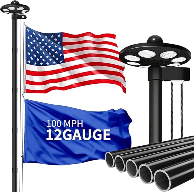 MXQMKL 20FT Heavy Duty Solar Flag Pole Kit,12 Gauge Flag Pole for Outside House Thick Aluminum Flagpole with 136 LED Light...