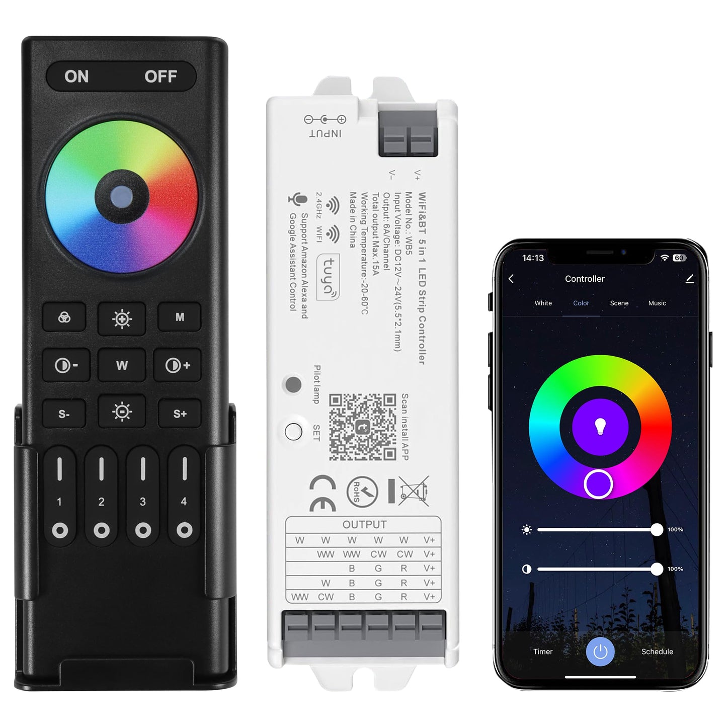 XXK LED Controller Kit with RF Remote Control, 12V/24V, 4-Zone Group, Compatible with Alexa/Google Home, WB5, Black