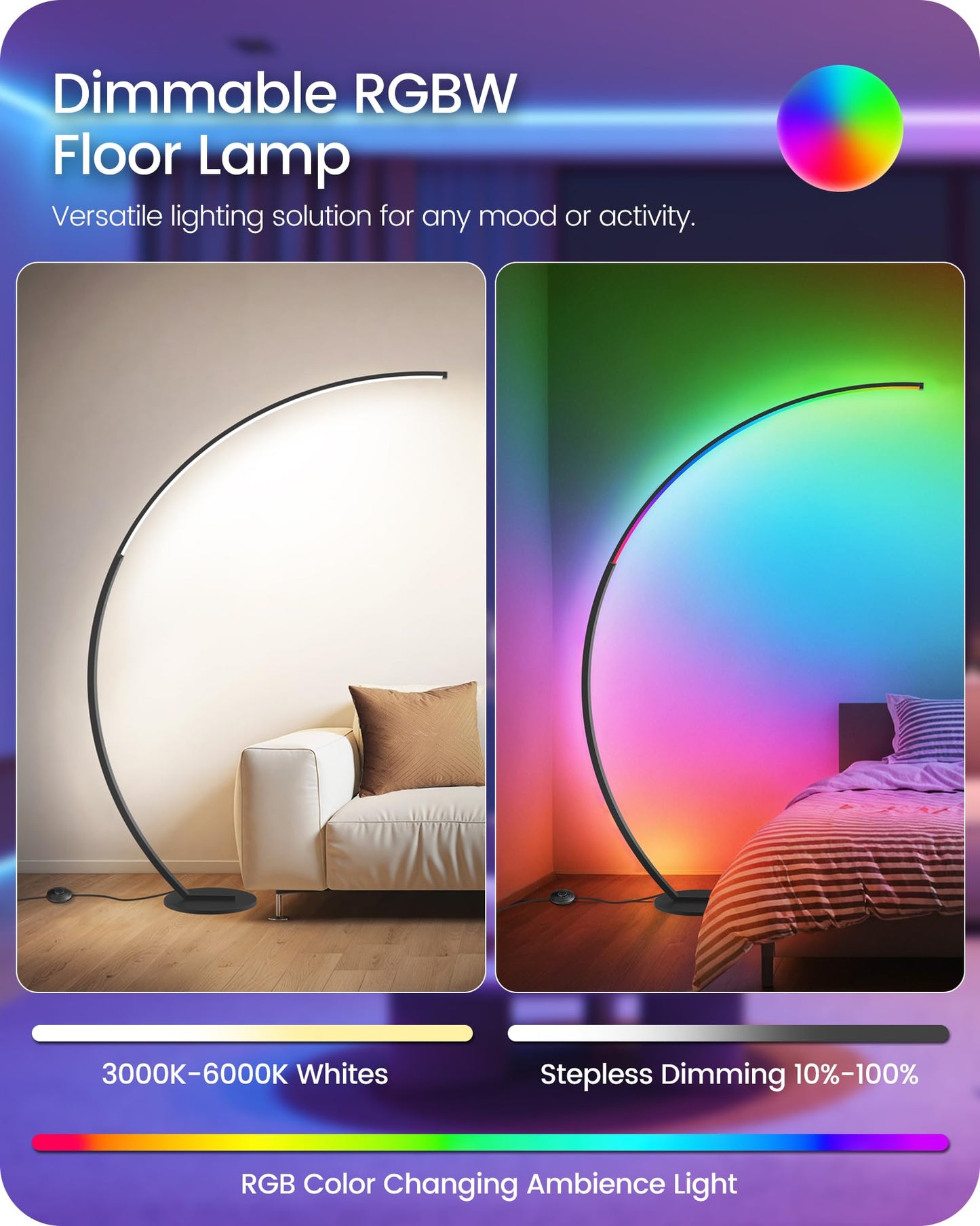 GOEBLESON RGBW Floor Lamp, Dimmable 75” Arc Lamp with Remote, 18 Colors, Metal, Model RB62LD05