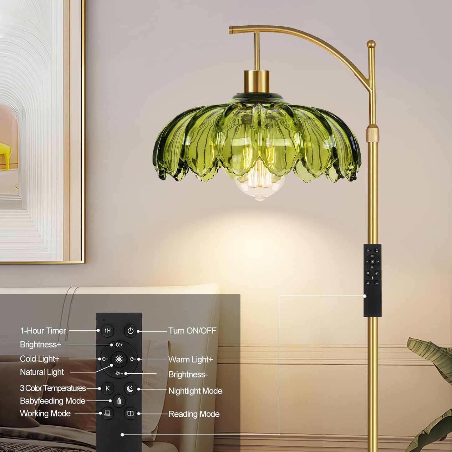 ZECOXOL Gold Floor Lamp, Vintage Glass with Remote Control, Dimmable, 10.2in Tall, Brass, Green-Glass, Mid Century Modern Design