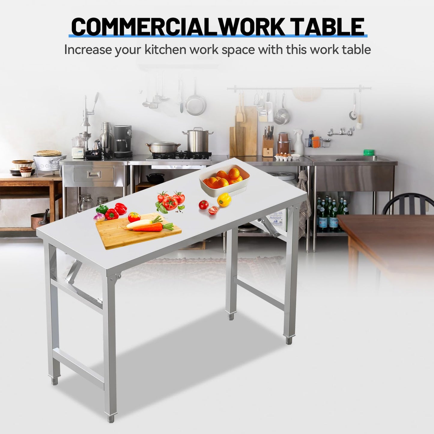PurezmMoto Folding Stainless Steel Table with Adjustable Table Corners and Lower Removable Shelf 20X45 Inches for Outdoor Camping, Maintenance Room, Storage, Kitchen (Without undershelf)