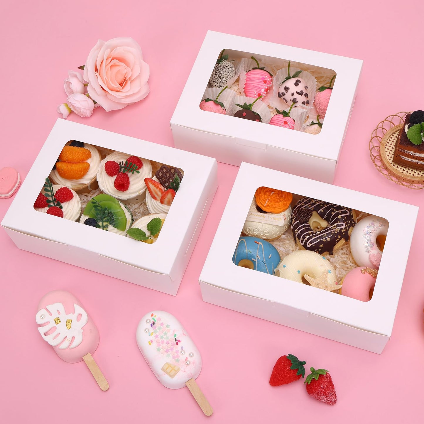 TOMNK 12pcs 8x6x2.5 Inches Valentines Day Bakery Boxes with Window, Cookie Boxes for Chocolate Strawberries, Donuts, Cupcakes, Muffins and Dessert