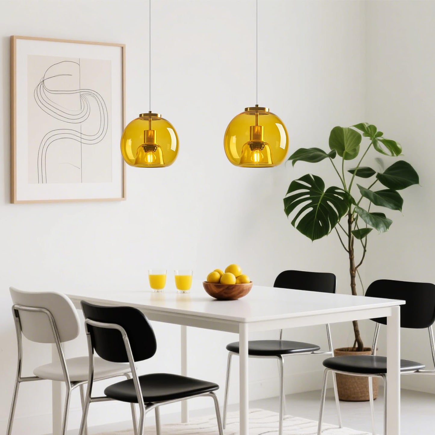 Lbsqj Yellow Glass Pendant Lights Kitchen Island Gold Hanging Light Fixture Glass Globe Pendant Light Modern Pendant Lighting For Kitchen Island Bedroom Dining Room (7.87  3 Pack)