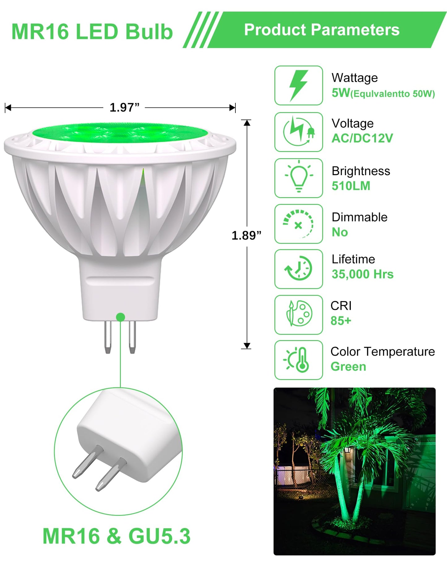 6-Pack Mr16 Green Led Bulbs-Natural 5W 50W Halogen Gu5.3 Base 12V 38?Beam For Garden  Plant Growth  Yard Accent & Eco Lighting
