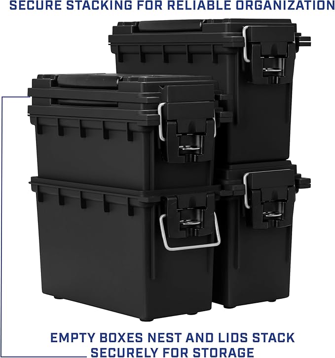 Sheffield 12772 4-Pack Ammo Storage Box, Stackable .30 Cal Field Boxes, Water and Dust Resistant, Lockable Storage Box with Handle, Secures Hunting Gear, Supplies, and Bullets, Made in the USA, Black