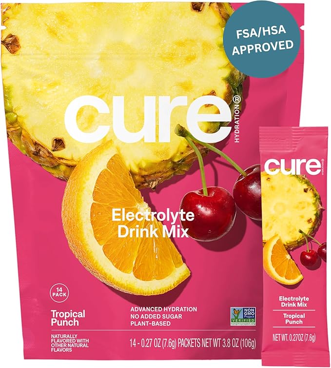 Cure Hydration | Plant-Based Electrolyte Drink Mix | No Added Sugar | FSA-HSA | Dehydration Relief Powder Made with Coconu...