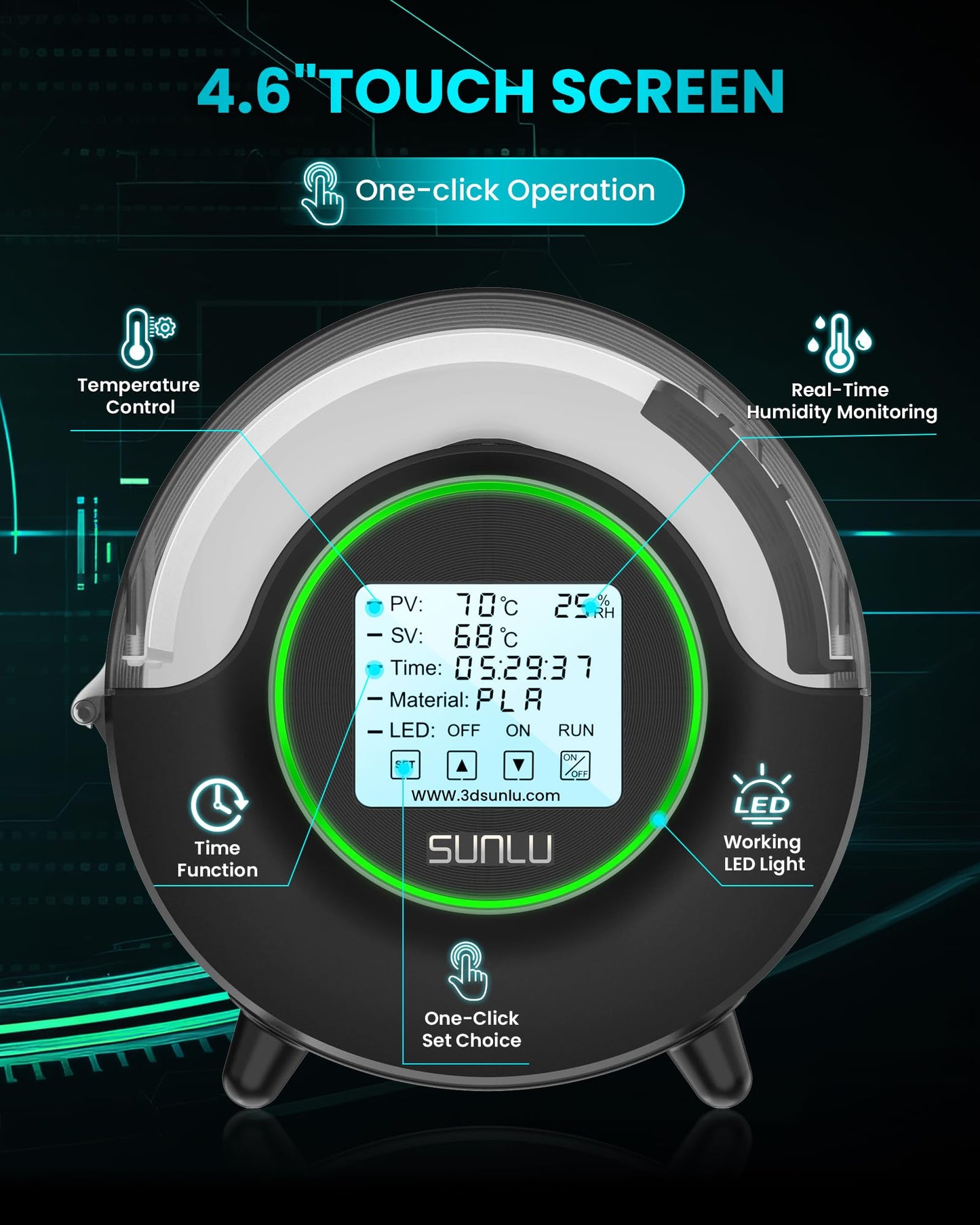 SUNLU Official Filament Dryer S2, Upgraded 3D Filament Dryer with 360°Heating Fan, Filament Dehydrator, One-Key Set with 4.6" Touch Sreen, Compatible with 1.75 2.85 3.00mm PLA PETG ABS Filament, Black