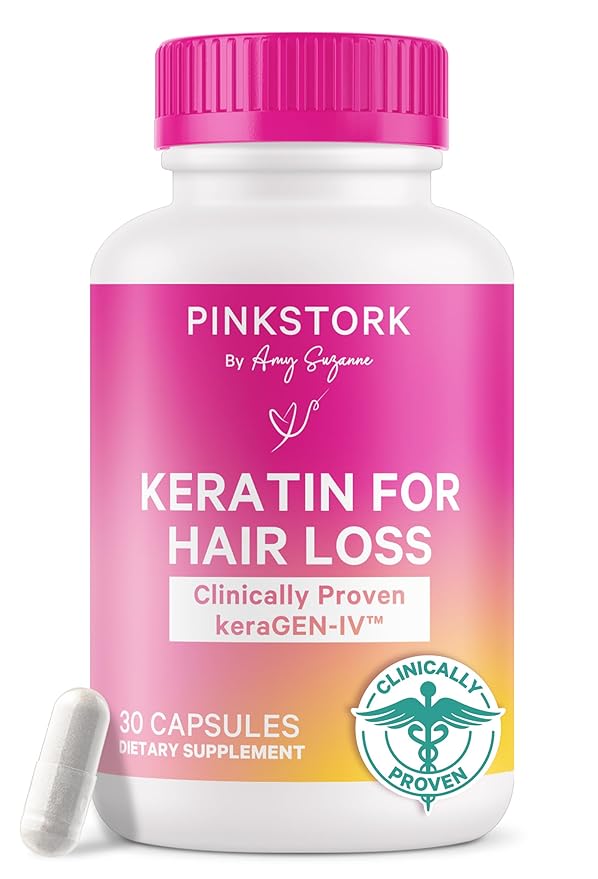 Pink Stork Keratin Hair Loss Supplement for Women - Clinically Studied KeraGEN-IV for Hair Care, Thinning, Shedding and Beauty - Hair Skin and Nails Support - Postpartum Hair Growth - 30 Capsules