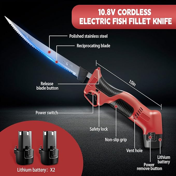 Electric Fillet Knife for Fish - Fillet Knife Kit Combo Non-Slip Handle with 4 Stainless Steel Blades Fishing Gift For Men (red)
