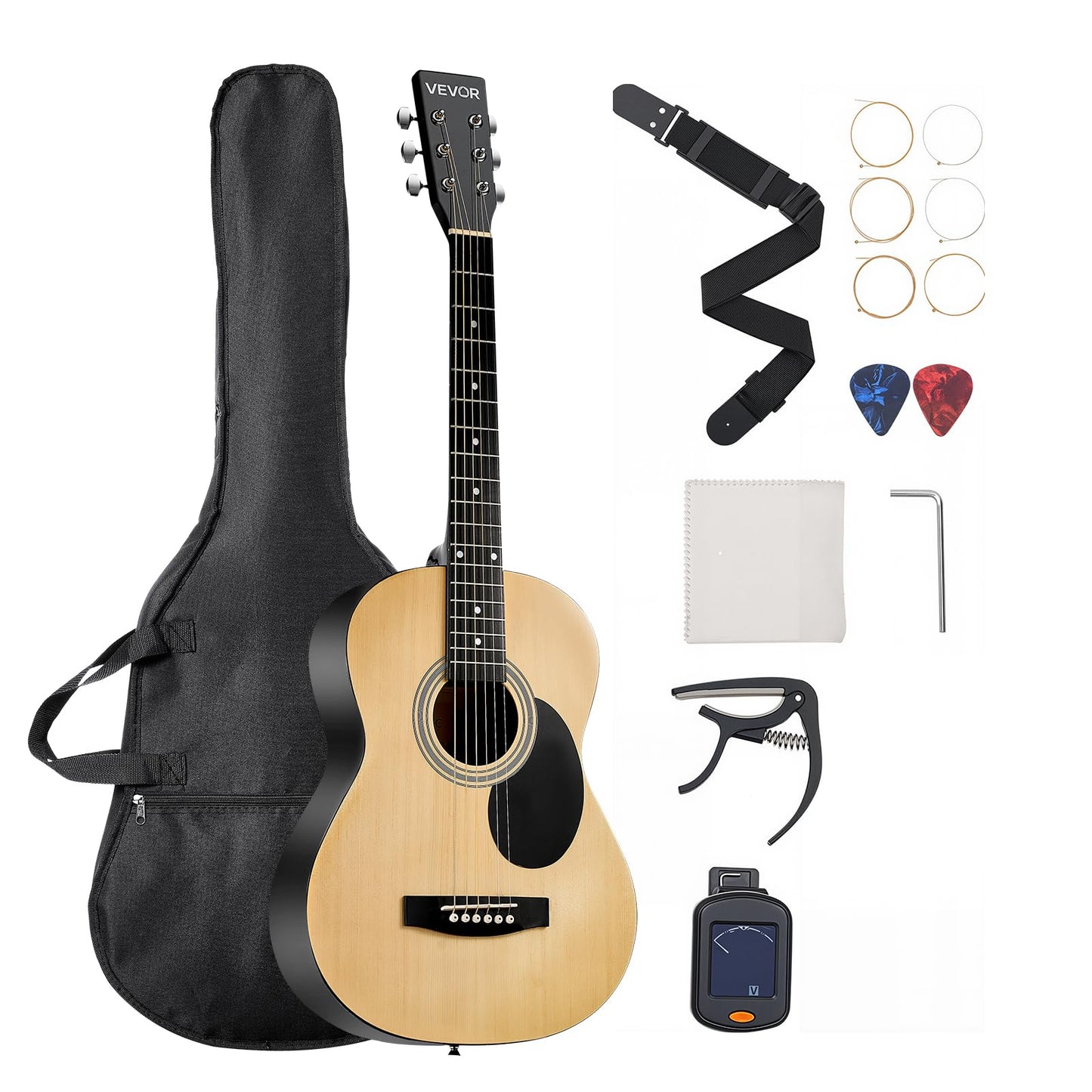 Vevor Dreadnought Acoustic Guitar, 39 In, 6-String Natural Solid Spruce Top Guitar, Portable Bundle With Gig Bag, Tuner, Strap,