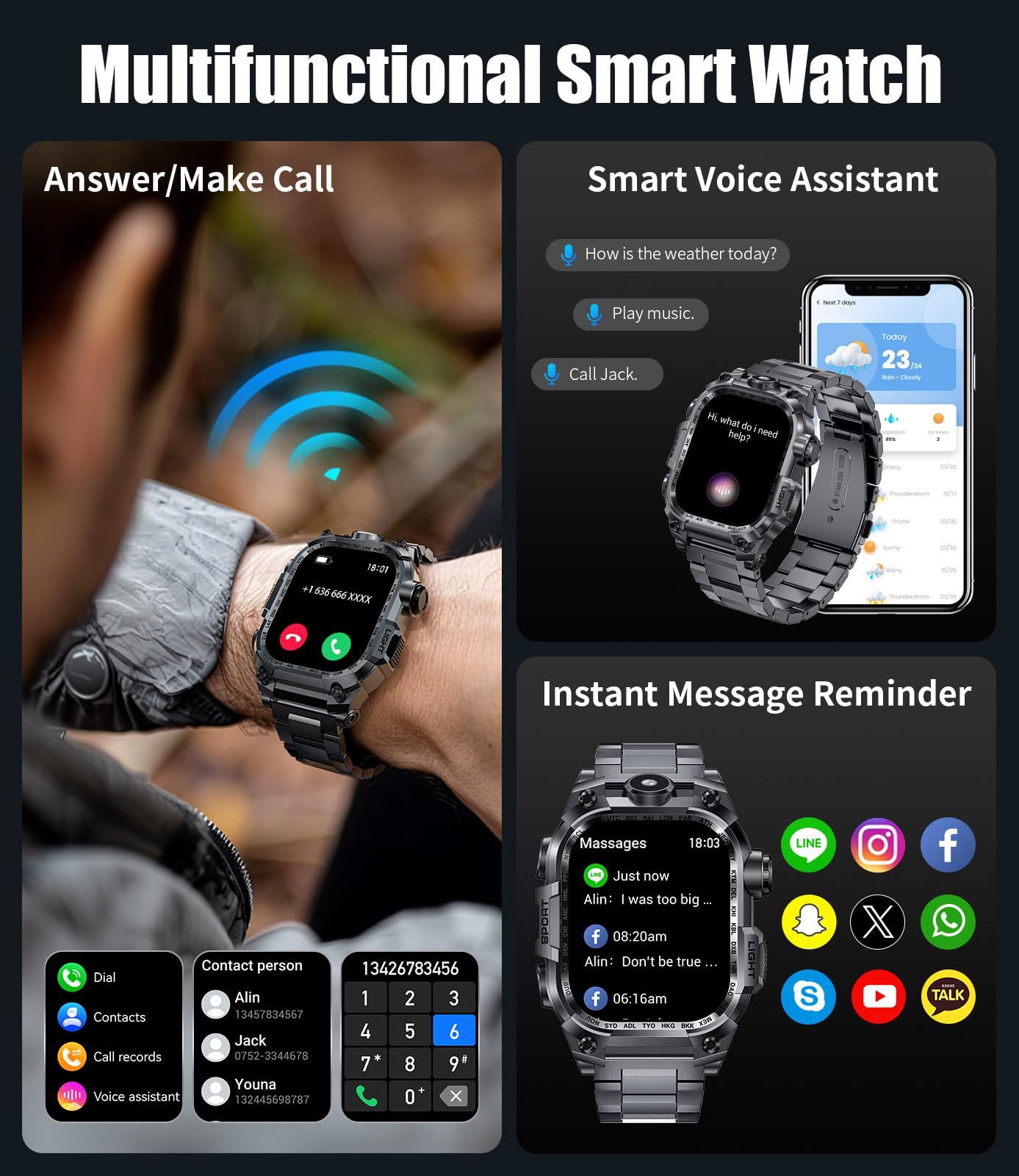 LIGE Military Smart Watch for Men(LED Flashlight), 2.01" Rugged Smartwatch, 100+ Sports Fitness Tracker Watch, 700mAh Long Battery/Bluetooth Call/Sleep/IP68 Smart Watch for Android iOS Compatible