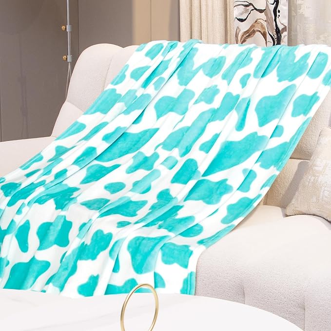Blue Cow Print Twin Blanket - Lightweight Fuzzy Soft Throw for Bed, Sofa, Dorm, Couch - Cozy Cyan Gifts for Teens Girls Bedroom Decor