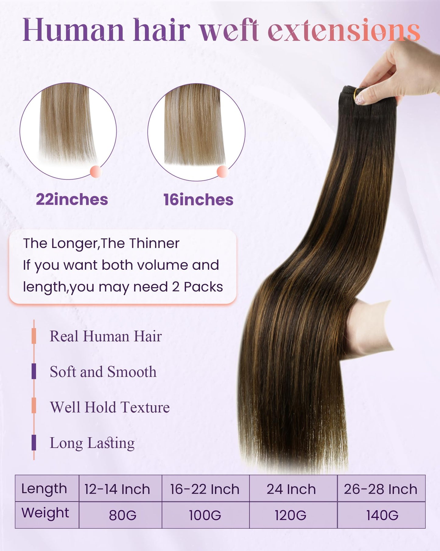LaaVoo Human Hair Weft Extensions Brown Ombre Sew in Hair Extensions Long Straight Double Weft Hair Extensions Human Hair Dark B