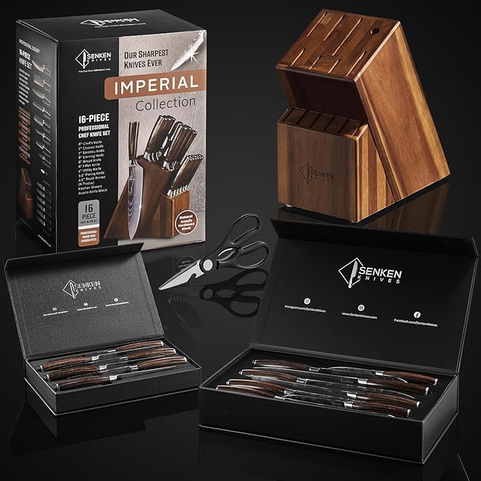 SENKEN 16-Piece Natural Acacia Wood Kitchen Knife Block Set - Japanese Chef's Knife Set with Laser Damascus Pattern, Includes Steak Knives, Kitchen Shears, Santoku, Cleaver & More (Wooden Handles)