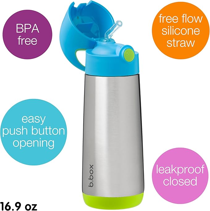 b.box 16.9 oz Insulated Water Bottle - Keeps Drinks Cold 15 Hours, Warm 8 Hours, Triple Wall Stainless Steel Kids Water Bottle w/Free Flow Silicone Straw, Leakproof & Dishwasher Safe