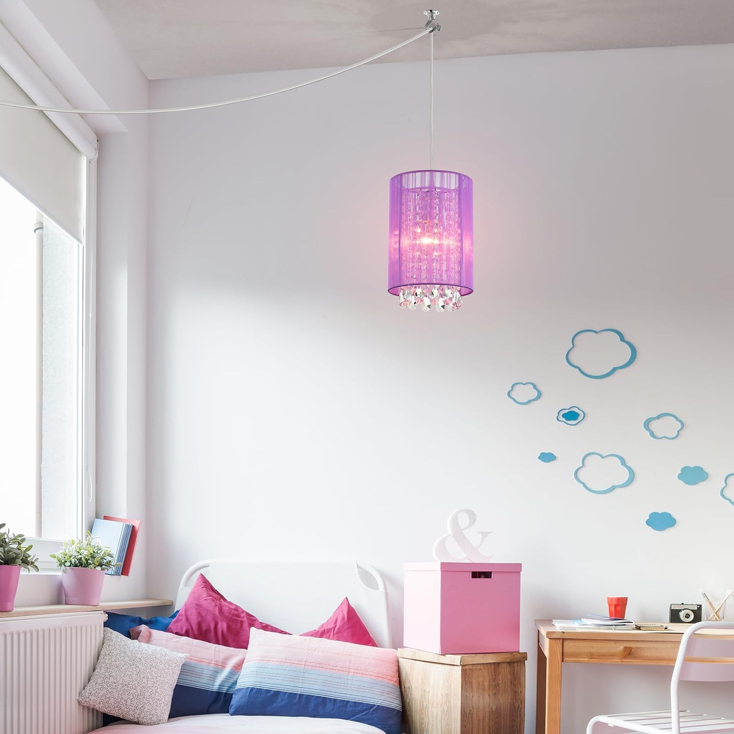 LaLuLa Hanging Lamp, 1-Light Pendant Light, Purple Cotton, 7in, Model P17168PU-P