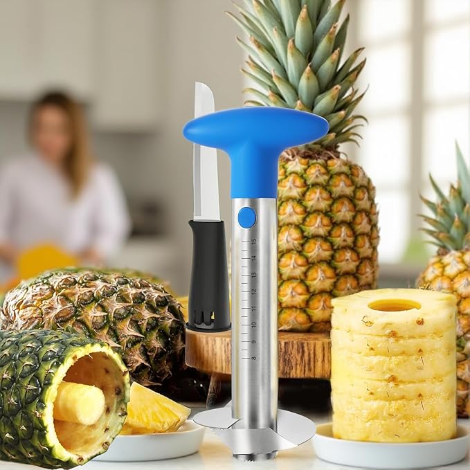 YYP Pineapple Corer and Slicer with Measurement Marks – Stainless Steel Pineapple Cutter for Perfect Pineapple Rings & Effortless Cutting (Blue)