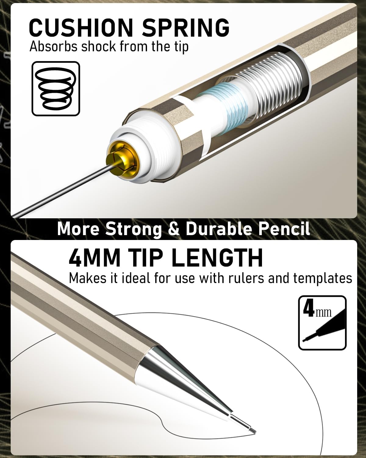 Nicpro 6PCS Metal Mechanical Pencil Set, Full Copper Drafting Pencil 0.3, 0.5, 0.7, 0.9 mm & 2PCS 2mm Graphite Lead Holder(4B 2B HB 2H) For Art Sketching Drawing With Lead Refills Eraser Case