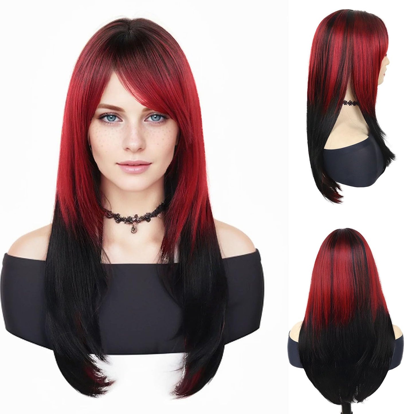 GNIMEGIL Two Tone Red and Black Wigs for Women 26 inch Long Straight Synthetic Wig Drag Queen Roleplay Cosplay Goth Wig Hallowee