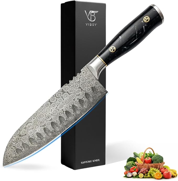 Handmade Damascus 7" Santoku Knife - Lightweight Japanese Style Kitchen Knife for Fast Chopping, Sharp 133-Layer Blade, Ideal Damascus Chef Knife for Daily Use