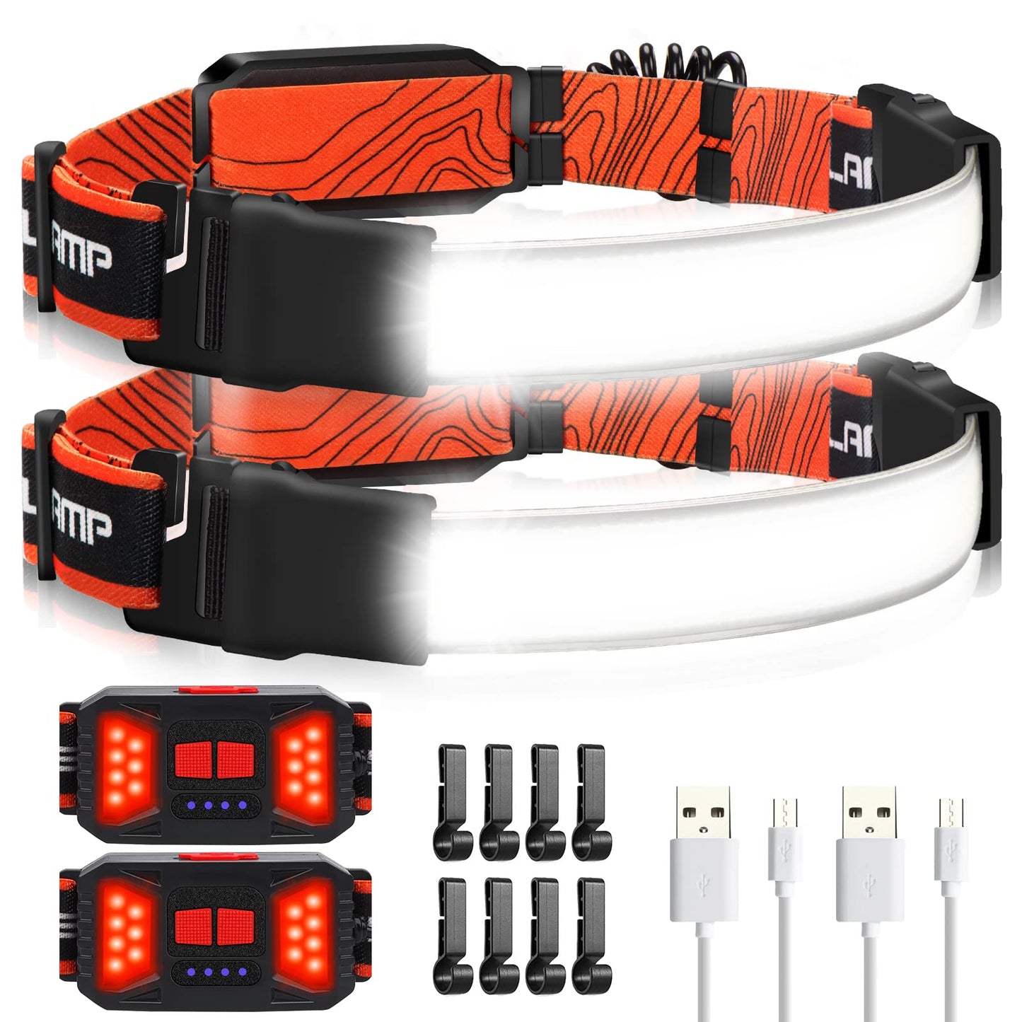 Adelante LED Headlamp Flashlight, 1000LM, 230° Wide-Beam, USB Rechargeable, Waterproof, 2 Pack, Orange, Model 6680