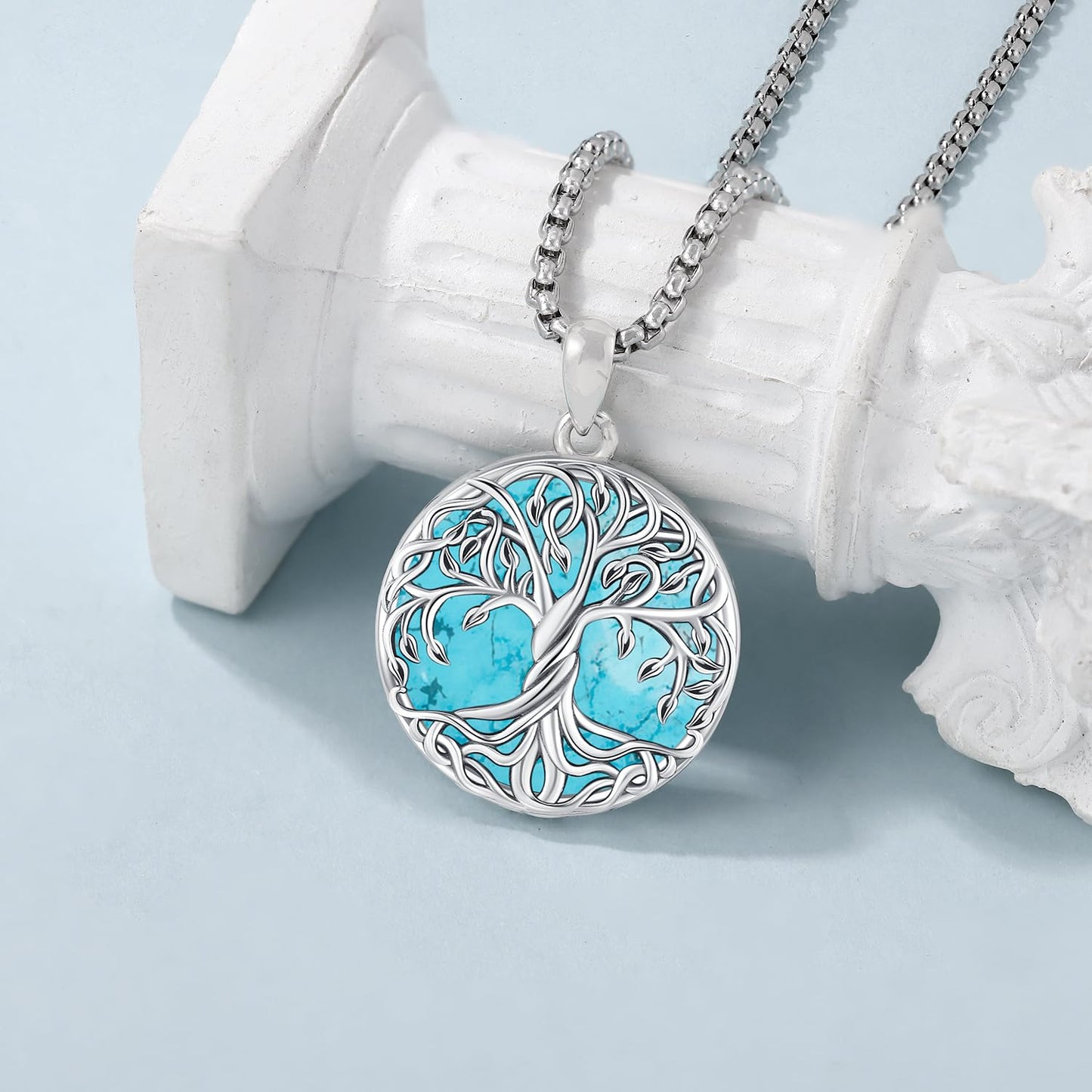 Aniu Tree of Life Necklace for Women, 925 Sterling Silver Celtic Family Tree Charm Pendant Turquoise Jewelry for Birthday Christ