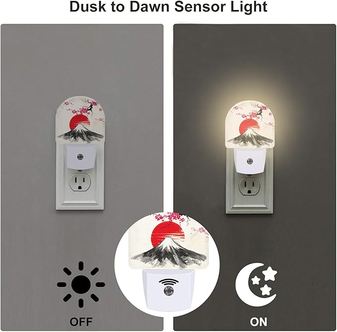 Cherry Blossoms Sun and Mountain Night Light Plug into Wall, Watercolor Ink Painting Dusk to Dawn Night Light,0.5w Energy Saving Friendly Nightlights for Kids Boys Girls Home