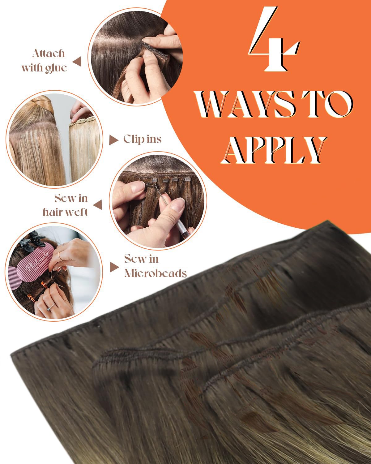 Sunny Hair 24inch Hair Extensions Weft Real Human Hair Ombre Sew in Extensions Balayage Dark Brown Roots to Golden Brown Mix Blo