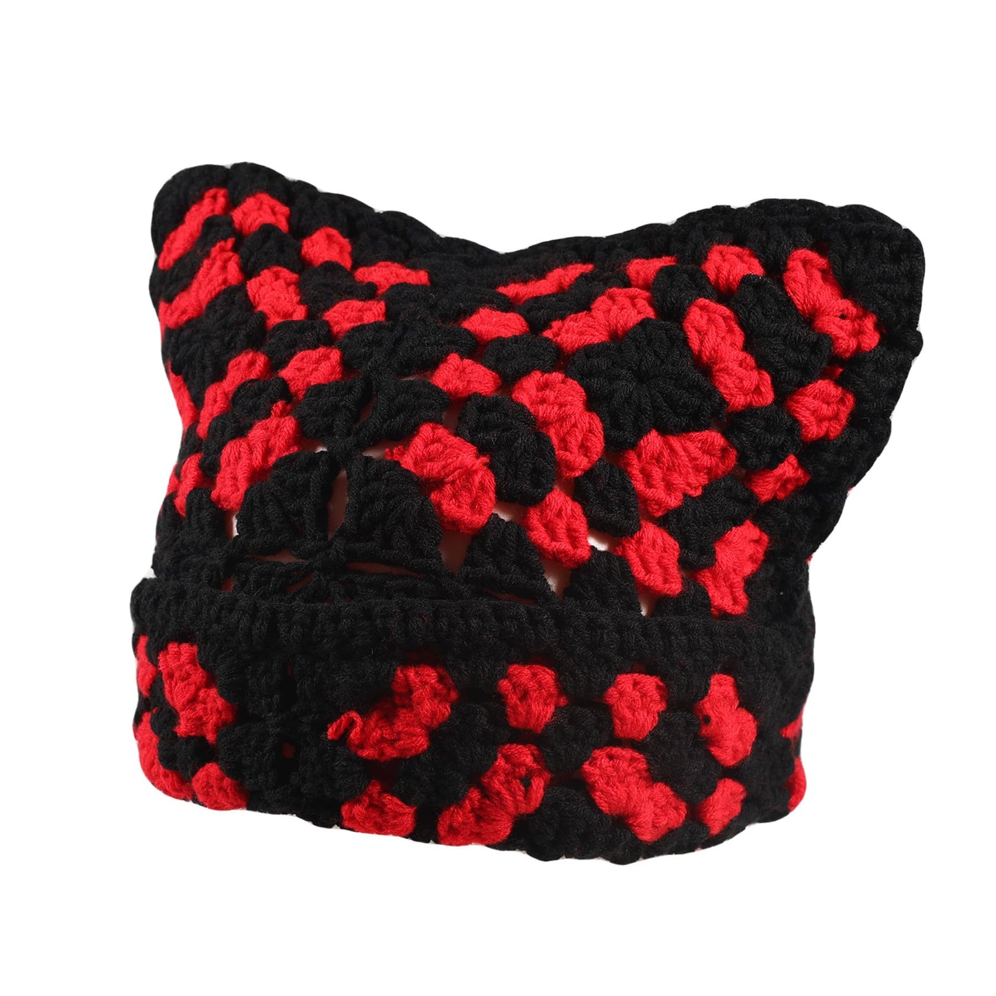 Crochet Hat for Women Cute Beanie Hat Cat Ears Cap Autumn and Winter Handmade Knitted Kawaii Slouchy Mixed Color (US, Numeric, 6 3/4, 7 1/2, Black and Red)