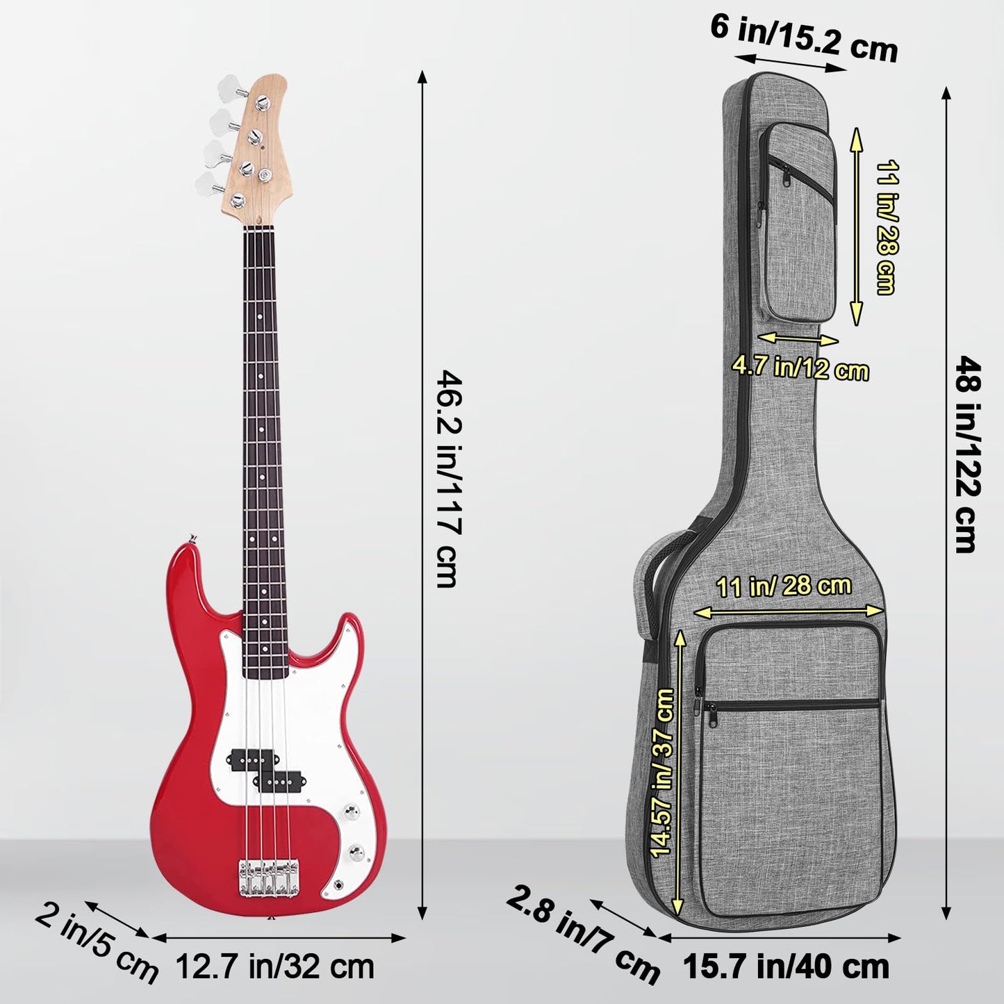 Muscab 47 Inch Bass Gig Bag 11Mm Padding Electric Bass Guitar Bag, Bass Guitar Case Backpack With Neck Strap And 4 Pockets, Grey