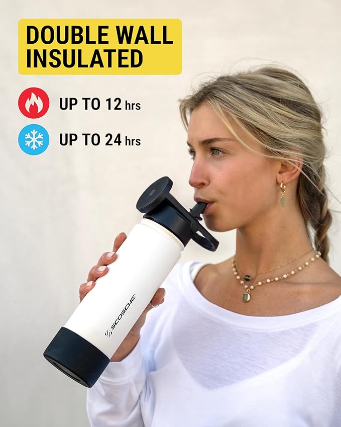 Scosche MFMS22 MagicMount Flask 22oz Stainless Steel Hot & Cold Insulated Sport Water Bottle w/Magnetic Mount Tripod Phone Stand Compatible w/MagSafe iPhone for Cup Holder/Gym/Men/Women/Travel/Black