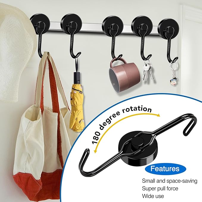 LOVIMAG Hooks, 85lbs+ Magnetic Magnet Hook 2025 Cruise Cabin Ship Essentials Heavy Duty Strong Refrigerator Fridge Hanging for Classroom Beach Vacation Kitchen Grills Home Mug Hanger (6 Pack), Black