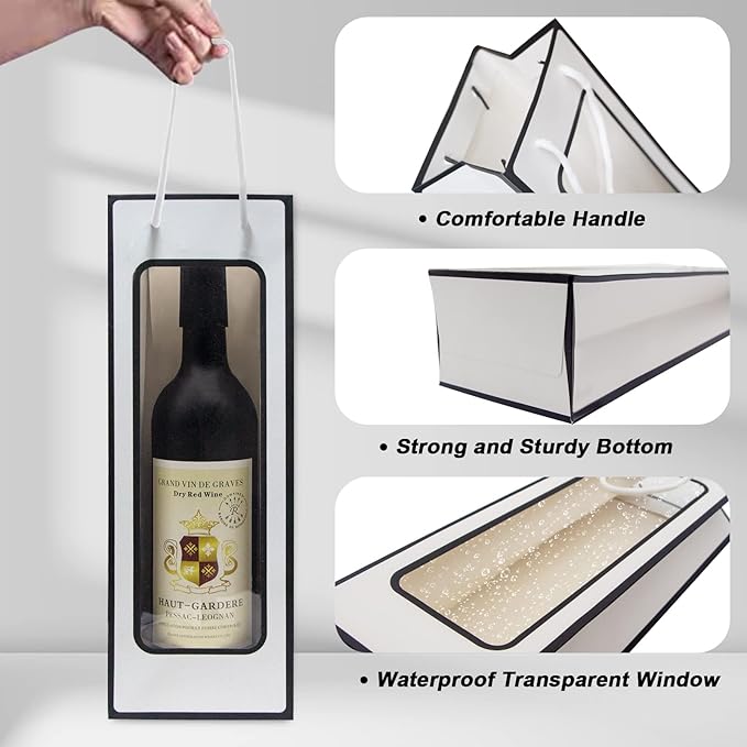 WAKAKO 12 Pcs Wine Gift Bags for Wine Bottles, Reusable Clear Window Wine Bottle Bags Bulk with Handles for Weddings, Valentine's Day, Birthday, Party, Graduations, Thanksgiving (White)